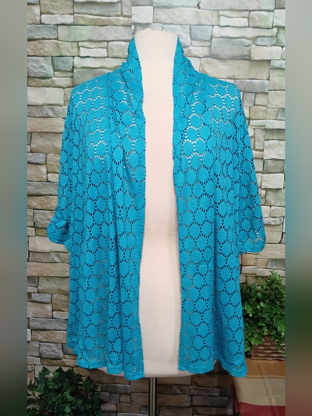 Allison Brittney Plus 1X Aqua Crochet Openwork Cardigan